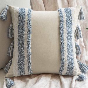Luxury Home | Oversized Boho Chic Blue & White Tufted Tassel Corner Pillow Cover